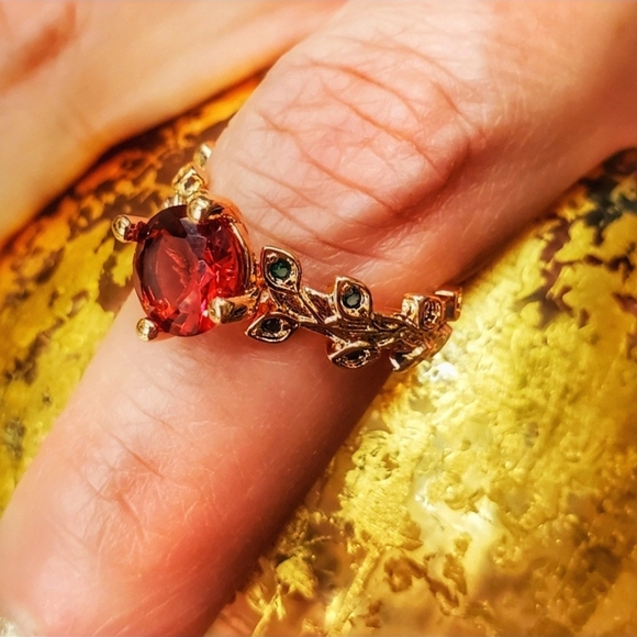 Jewelry - Grand Romantic Gesture Red Ruby Rose Emerald Green Leaf Gemstone 925 Golden Ring